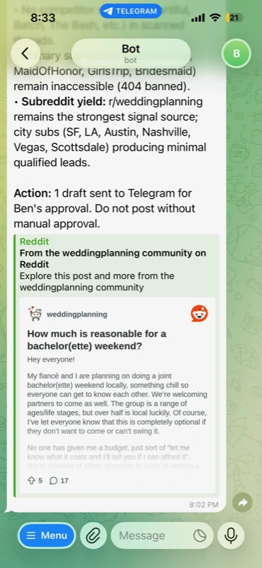 Telegram lead-card showing a qualifying Reddit post surfaced by the vabene-agents fleet.