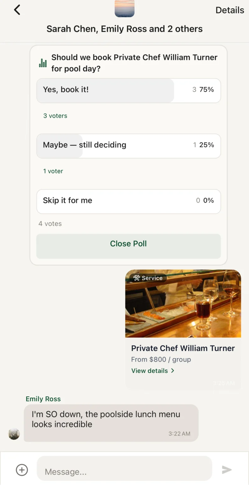 VaBene group chat with a poll for booking a private chef.