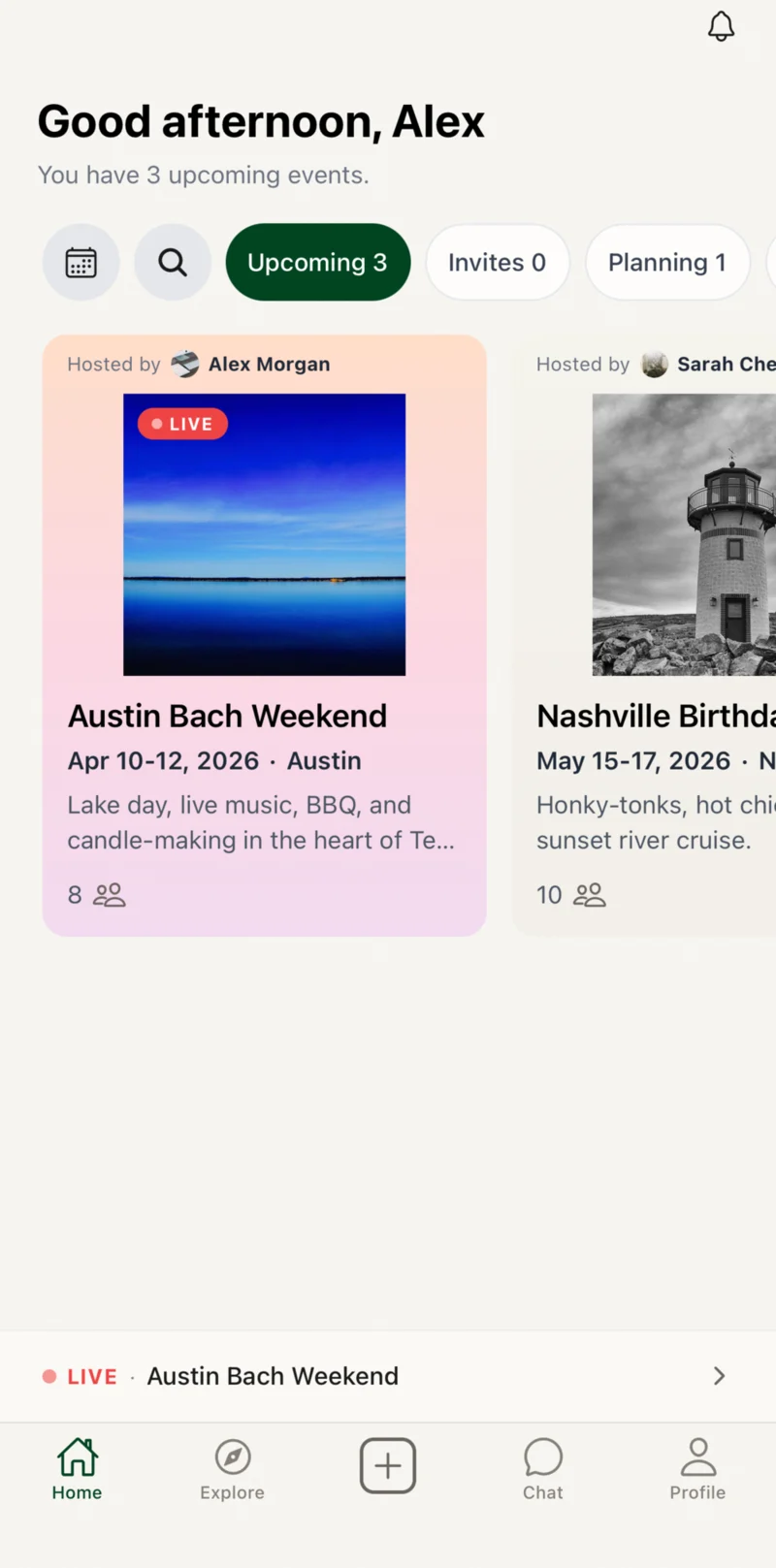 VaBene home screen showing upcoming events.