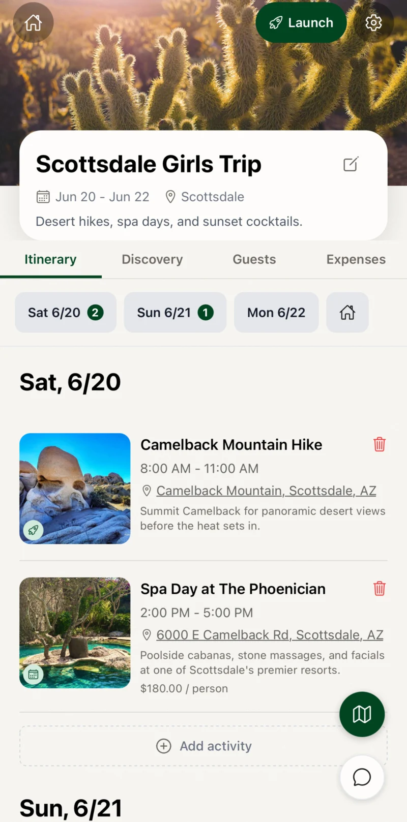VaBene Scottsdale Girls Trip itinerary, day-by-day with hike and spa activities.